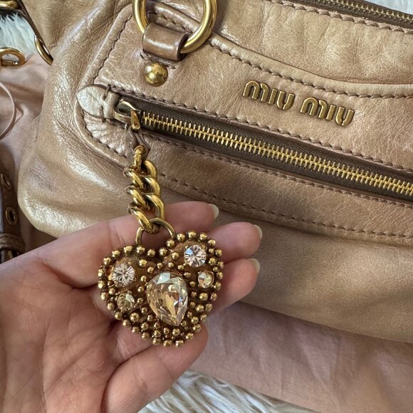 Vintage Miu Miu Distressed Leather Handbag with Swarovski Crystal Charm - Rare R - Picture 9 of 10
